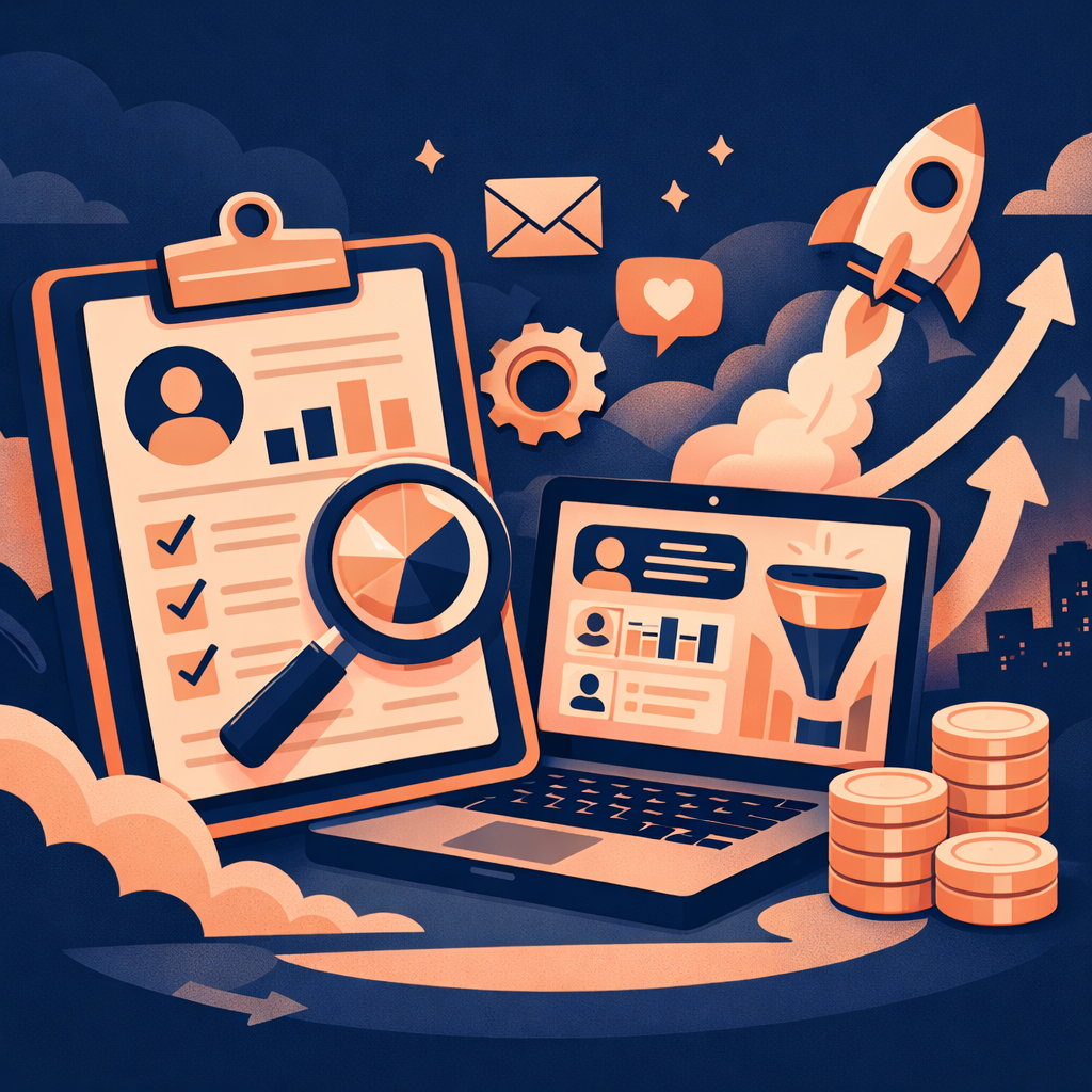 a social media thumbnail illustrating a free CRM buyers guide targeted at gorwing businesses Dont add an text to the image use 08173c and e1ad9d as th